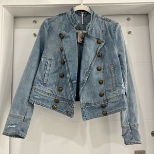 NWT FREE PEOPLE Denim Jacket Military Double Breasted